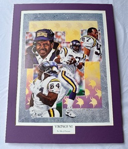 lot 30 image: Randall McDaniel, Henry Thomas, and Steve Jordan Signed 1992 Minnesota Vikings Football Print