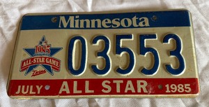 lot 155B image: 1985 All-Star Game Minnesota Twins Baseball Vintage License Plate