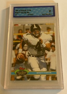 lot 60A image: Brett Favre RC Graded 8 NM-Mint 1991 Stadium Ckyb #94 Rookie Football Card