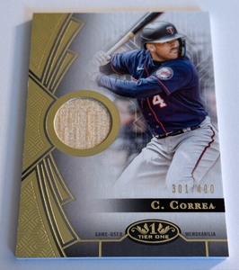lot 66A image: Carlos Correa Game-Used Bat Telic 4002023 Topps Tier One #T1R-CCO Numbered 301400 Minnesota Twins Baseball Card