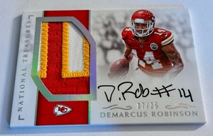 lot 78A image: Demarcus Robinson 25 Auto Tr-Colored Jumbo Patch 2016 National Treasures #RMS-DR Numbered 0725 Football Card