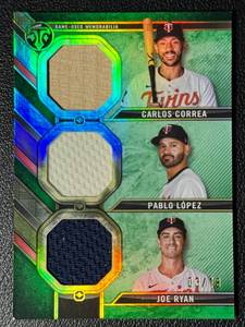 lot 104A image: Carlos Correa  Pablo Lopez  Joe Ryan Triple Relic 18 2204 Topps Triple Threads #RC-CLR Minnesota Twins Baseball Card