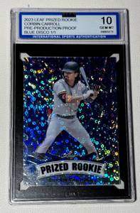 lot 186 image: Corbin Carroll 1 of 1 Graded 10 Gem Mint 2023 Leaf Prized Rookie Pre-Production Proof Blue Disco 11 Baseball Card