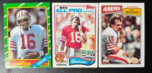 lot 166 image: 3 Joe Montana Vintage Football Cards 1982 (2nd Year), 1986, and 1987