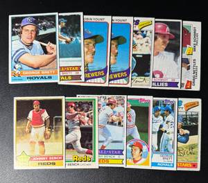 lot 160 image: George Brett, Robin Yount, Mike Schmidt, and Johnny Bench 13 Card Vintage Baseball Lot 1976-1984