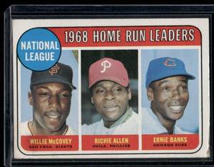 lot 171A image: NL 1968 Home Run Leaders - Willie McCoveyRichie AllenErnie Banks 1969 Topps #6 Baseball Card