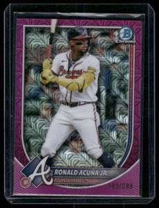 lot 144A image: Ronald Acuna Jr.Purple Mojo  183299 2025 Bowman Chrome #21 Atlanta Braves Baseball Card