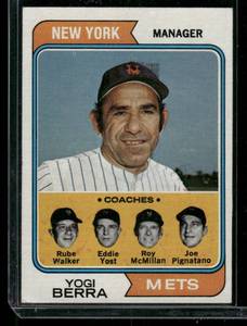 lot 237A image: Yogi BerraRube WalkerEddie YostRoy McMillanJoe Pignatano   1974 Topps #179 New York Mets Baseball Card