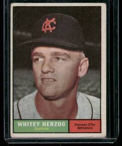 lot 239A image: Whitey Herzog   1961 Topps #106 Kansas City Athletics Baseball Card