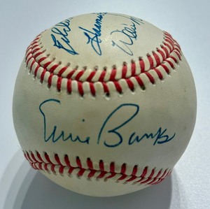 Ernie Banks, Harmon Killebrew, Eddie Matthres, Willie McCovey Signed Baseball Rawlings OALB Brown Ball With Case