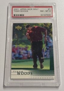 lot 87A image: Tiger Woods RC PSA 8 NM-MT 2001 Upper Deck Golf #1 Rookie Card