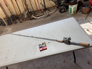 lot 61 image: FISHING ROD, REEL AND LINE.