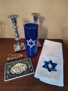 lot 210 image: Judica Collection - Candle Sticks, Shalom Yall Plaque, Tea Towel and More