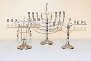 lot 148 image: Set of 3 Vintage RC Silver Steel Metal Menorahs  Hannukiahs