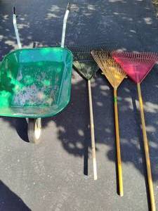 lot 307 image: Wheelbarrow & Rakes