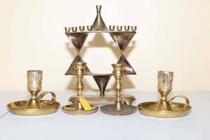 lot 162 image: Heavy Brass Menorah and Candle Holders