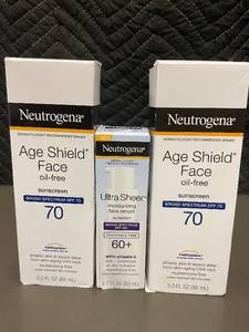 lot 26 image: Lot of 3 Neutrogena Sunscreens Age Shield SPF 70 and Ultra Sheer SPF 60