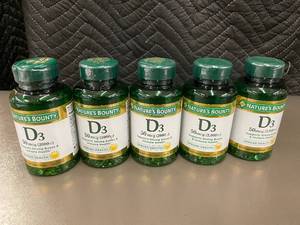 lot 42 image: Set of 5 Natures Bounty D3 Vitamin Supplement Bottles 240 Softgels Each