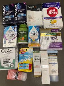 lot 57 image: Health and Personal Care Lot with Supplements, Sunscreen, Eye Drops, and Skincare