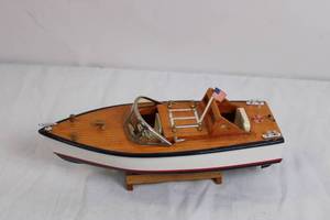 lot 49 image: Vintage Wooden Model Speed Boat on Stand