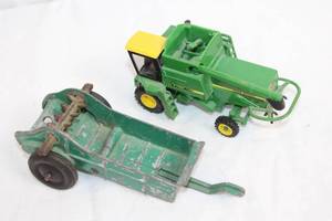 lot 113 image: John Deere 7720 Combine Toy and Vintage Green Die-Cast Farm Implement