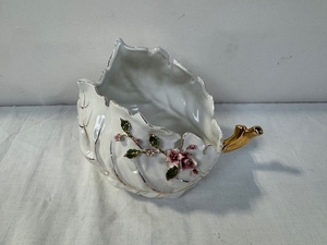 lot 148 image: Capodimonte Italy Porcelain Leaf Dish with Floral Detail and Gold Handle