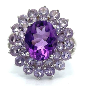 lot 41 image: NEW 5.96 Carat Amethyst Two-Tone Purple Flower Double Cluster Ring VIDEO