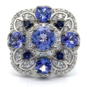 lot 43 image: NEW Large Tanzanite & Natural Diamond Cluster Flower Statement Ring VIDEO