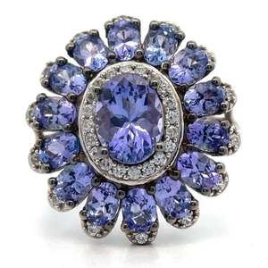 lot 44 image: NEW Tanzanite & Natural Diamond Halo Flower Cluster Ring VIDEO