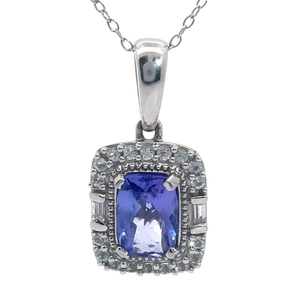lot 45 image: Rectangular Tanzanite & Natural Diamond Drop Pendant Necklace
