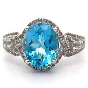 lot 47 image: 3.23 Carat Oval Cut Blue Topaz & White Topaz Pav Art Deco Ring VIDEO
