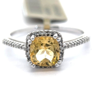 lot 33 image: NEW Cushion Citrine & Natural Diamond Halo Ring in White Gold VIDEO