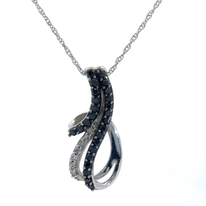 lot 34 image: Pav Natural White & Fancy Black Diamond Love Knot Ribbon Pendant Necklace in White Gold VIDEO