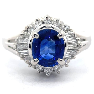lot 9 image: 1.45 Carat Blue Sapphire & Natural Diamond Ballerina Cocktail Estate Ring in Platinum VIDEO