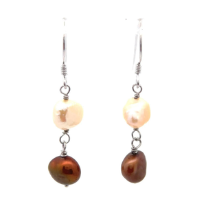 lot 60 image: NEW Bronze & White Freshwater Pearl Drop Earrings