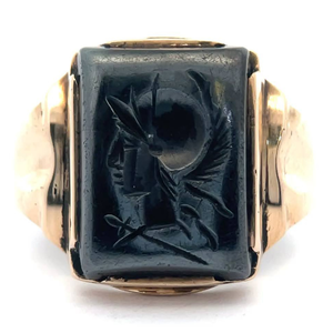 lot 17 image: Mens Carved Hematite Intaglio Gladiator Ring in Yellow Gold VIDEO
