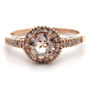 lot 18 image: NEW Round Morganite & Pav Natural Diamond Halo Ring in 14k Rose Gold VIDEO