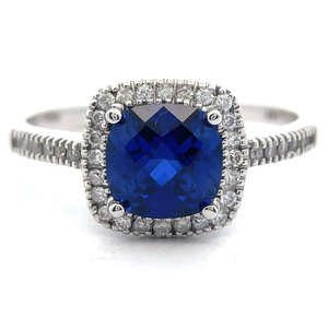 lot 19 image: NEW Natural Sapphire & Diamond Halo Ring in 14k White Gold VIDEO