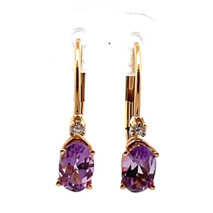 lot 48B image: Oval Amethyst & Diamond Two-Stone Lever Back Earrings in 14k Yellow Gold VIDEO