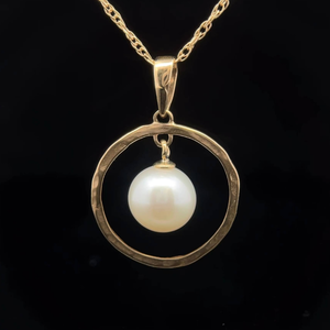 lot 56B image: NEW White Pearl Hammered Halo Pendant Necklace in 14k Yellow Gold VIDEO