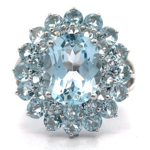 lot 48 image: 7.99 Carat Oval Blue Topaz Double Halo Flower Cluster Ring VIDEO