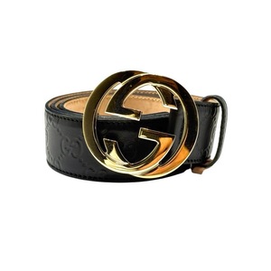 lot 45A image: Gucci Black Guccissima Leather Belt with Gold GG Buckle Size 8032 Pre-Owned Retail $495