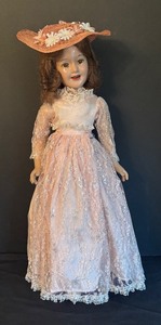 lot 40 image: Vintage Deanna Durbin Doll with Pink Lace Dress and Floral Hat