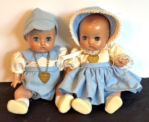 lot 153 image: Set of 2 Vintage Effanbee Durable Dolls Boy and Girl in Blue Outfits