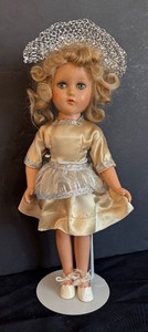 lot 30 image: Darling Vintage Doll with Blonde Curly Hair and Satin Dress