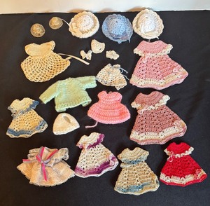 lot 266 image: Collection of Vintage Handcrafted Doll Clothes Assorted Dresses, Hats and Accessories