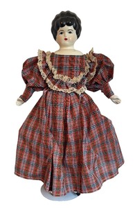 lot 282 image: Vintage Porcelain Doll in Plaid Dress
