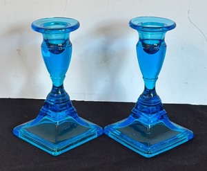 lot 349 image: Pair of Vintage Cambridge Art Nouveau Blue Glass Candleholders