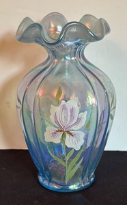 lot 352 image: Vintage Fenton Ruffled Blue Opalescent Vase  Hand Painted Flowers