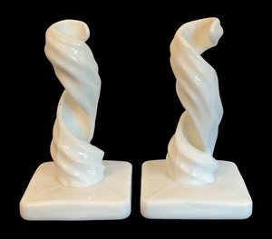 lot 409 image: Pair of Vintage Westmoreland Milk Glass Spiral Candlestick Holders